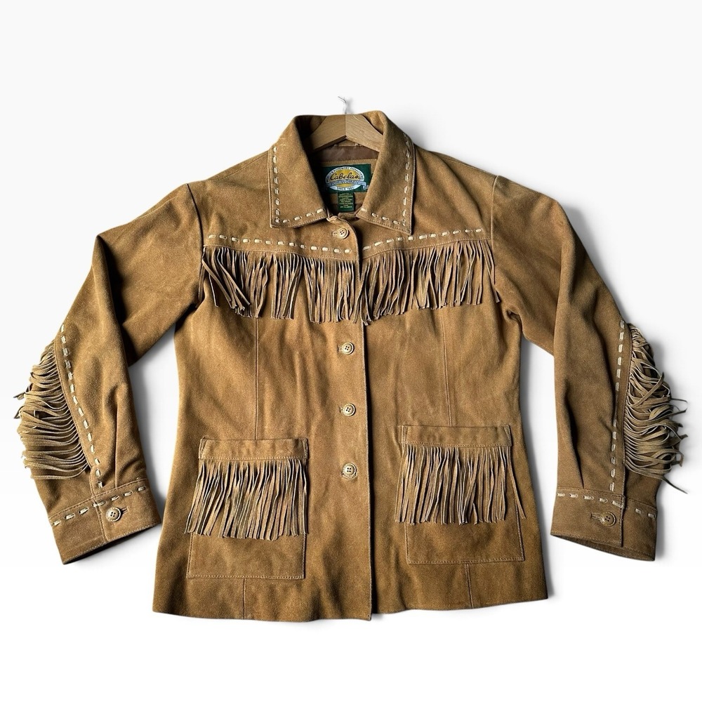 Cabela's Fringe Leather Suede Jacket Coat Tan Western Cowgirl Whipstitch Medium